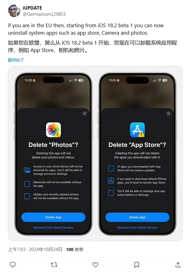 马边苹果手机维修分享iOS 18.2 支持删除 App Store 应用商店 